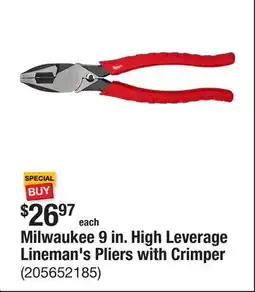 The Home Depot Milwaukee 9 in. High Leverage Lineman's Pliers with Crimper offer