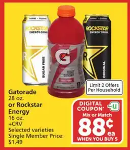Albertsons Gatorade 28 oz. or Rockstar Energy 16 oz offer
