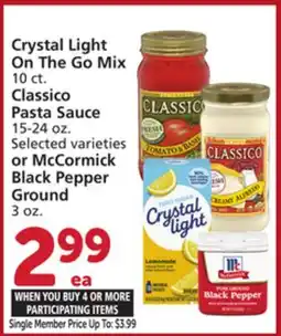 Albertsons Crystal Light On The Go Mix 10 ct. Classico Pasta Sauce 15-24 oz. or McCormick Black Pepper Ground offer