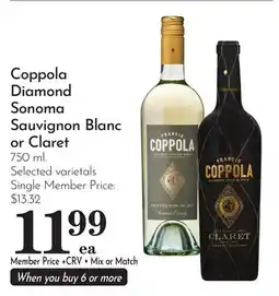Pavilions Coppola Diamond Sonoma Sauvignon Blanc or Claret offer