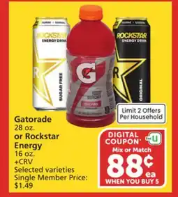 Vons Gatorade 28 oz. or Rockstar Energy 16 oz offer