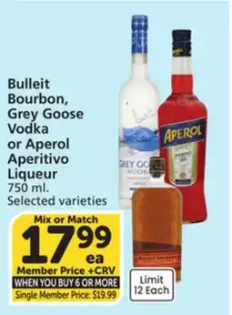 Vons Bulleit Bourbon, Grey Goose Vodka or Aperol Aperitivo Liqueur 750 ml offer
