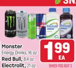 Tony’s Fresh Market Monster Energy Drinks, 16 oz Red Bull, 8.4 oz Electrolit, 21 oz offer