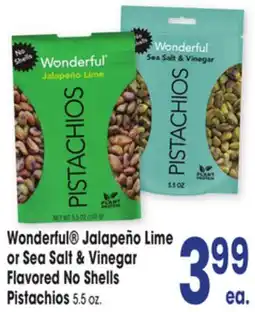 Jewel-Osco Wonderful Jalapeño Lime or Sea Salt & Vinegar Flavored No Shells Pistachios offer