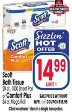 Jewel-Osco Scott Bath Tissue 20 ct., 1000 Sheet Roll or Comfort Plus 24 ct. Mega Roll offer