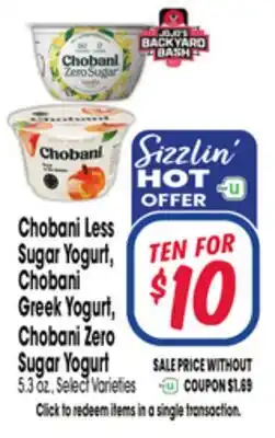 Jewel-Osco Chobani Less Sugar Yogurt, Chobani Greek Yogurt, Chobani Zero Sugar Yogurt offer