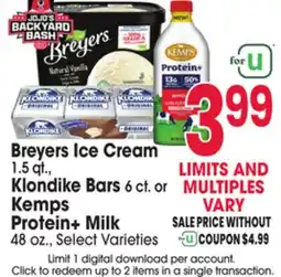 Jewel-Osco Breyers Ice Cream 1.5 qt., Klondike Bars 6 ct. or Kemps Protein+ Milk 48 oz offer