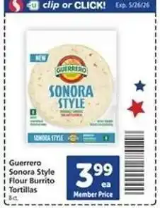 Safeway Guerrero Sonora Style Flour Burrito Tortillas offer