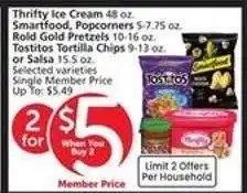 Albertsons Thrifty Ice Cream, Smartfood, Popcorners, Rold Gold Pretzels, Tostitos Tortilla Chips or Salsa offer