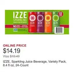 Costco IZZE, Sparkling Juice Beverage, Variety Pack, 8.4 fl oz, 24-Count offer