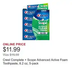 Costco Crest Complete + Scope Advanced Active Foam Toothpaste, 8.2 oz, 5-pack offer