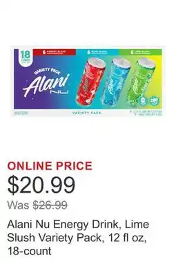 Costco Alani Nu Energy Drink, Lime Slush Variety Pack, 12 fl oz, 18-count offer