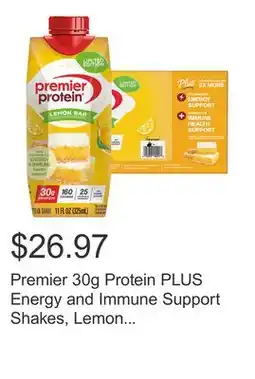 Costco Premier 30g Protein PLUS Energy and Immune Support Shakes, Lemon Bar, 11 fl oz, 18-pack offer