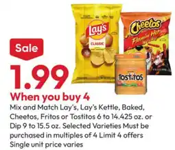 Stater Bros Lay's, Lay's Kettle, Baked, Cheetos, Fritos or Tostitos 6 to 14.425 oz. or Dip 9 to 15.5 oz offer