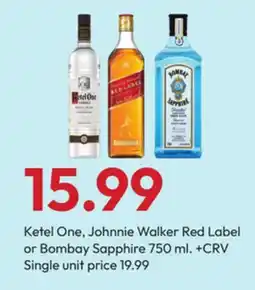 Stater Bros Ketel One, Johnnie Walker Red Label or Bombay Sapphire offer