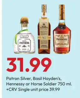 Stater Bros Patron Silver, Basil Hayden's, Hennessy or Horse Soldier offer