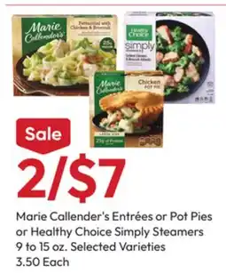 Stater Bros Marie Callender's Entrées or Pot Pies or Healthy Choice Simply Steamers offer