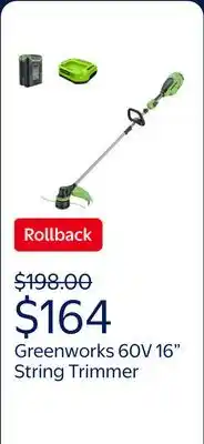 Walmart Greenworks 60V 16 Front Mount String Trimmer + 2.5Ah Battery & 3A Charger 2134302 offer