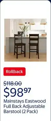 Walmart Mainstays Eastwood Full Back Adjustable Height Barstool with Leg Extensions, 2 Pack, Brown offer