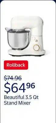 Walmart Beautiful 3.5 Qt Stand Mixer, White Icing with Flat Beater, Dough Hook, Balloon Whisk offer