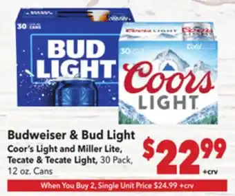 Vallarta Supermarkets Budweiser & Bud Light Coor's Light and Miller Lite, Tecate & Tecate Light offer