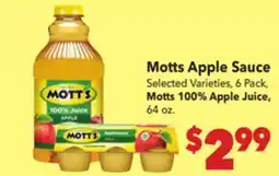 Vallarta Supermarkets Motts Apple Sauce, Selected Varieties, 6 Pack, Motts 100% Apple Juice, 64 oz offer
