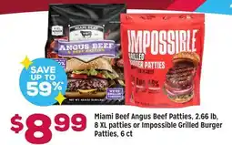 Grocery Outlet Miami Beef Angus Beef Patties, 2.66 lb, 8 XL patties or Impossible Grilled Burger Patties, 6 ct offer