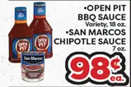 Torres Supermercado OPEN PIT BBQ SAUCE Variety, 18 oz. SAN MARCOS CHIPOTLE SAUCE 7 oz offer