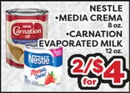 Torres Supermercado NESTLE •MEDIA CREMA 8 oz. • CARNATION EVAPORATED MILK 12 oz offer