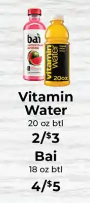 Sunset Foods Vitamin Water 20 oz btl, Bai 18 oz btl offer