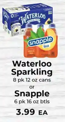 Sunset Foods Waterloo Sparkling 8 pk 12 oz cans or Snapple 6 pk 16 oz btls offer