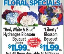Angelo Caputo's Fresh Market Red, White & Blue Hydrangea Blossom Bouquet 3 stem, Liberty Blossom Bouquet 9 stem offer
