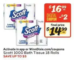 Winn Dixie Scott 1000 Bath Tissue 18 rolls offer