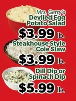 Living Fresh Market Mrs. Gerry's Deviled Egg Potato Salad Steakhouse Style Cole Slaw Dill Dip or Spinach Dip offer