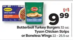 Weis Markets Butterball Turkey Burgers 32 oz Tyson Chicken Strips or Boneless Wings 22 - 25.5 oz offer