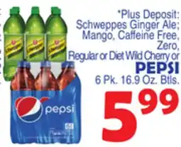 Bravo Supermarkets Schweppes Ginger Ale Mango, Caffeine Free, Zero, Regular or Diet Wild Cherry or PEPSI offer