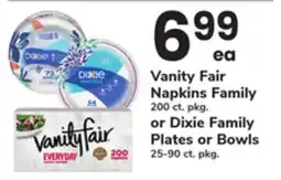 ACME Vanity Fair Napkins Family 200 ct. pkg. or Dixie Family Plates or Bowls 25-90 ct. pkg offer