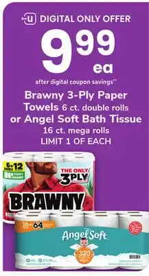 ACME Brawny 3-Ply Paper Towels 6 ct. double rolls or Angel Soft Bath Tissue 16 ct. mega rolls offer