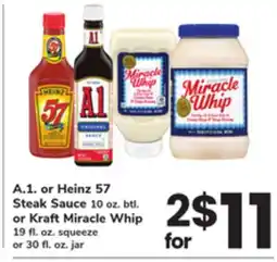 ACME A.1. or Heinz 57 Steak Sauce 10 oz. btl. or Kraft Miracle Whip 19 fl. oz. squeeze or 30 fl. oz. jar offer