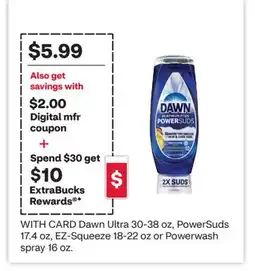CVS Dawn Ultra 30-38 oz, PowerSuds 17.4 oz, EZ-Squeeze 18-22 oz or Powerwash spray 16 oz offer