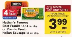 Safeway Nathan's Famous Beef Franks or Premio Fresh Italian Sausage offer