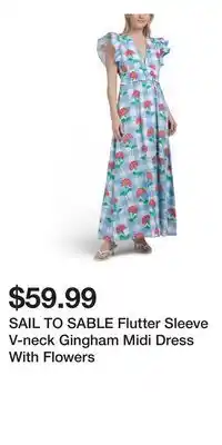 TJ Maxx SAIL TO SABLE Flutter Sleeve V-neck Gingham Midi Dress With Flowers offer