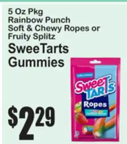 SuperFresh 5 Oz Pkg Rainbow Punch Soft & Chewy Ropes or Fruity Splitz SweeTarts Gummies offer