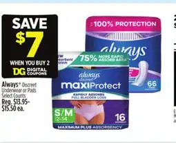 Dollar General Always Discreet Underwear or Pads offer