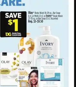 Dollar General Olay Body Wash, Bar Soap or Melts or Ivory Body Wash or Bar Soap offer