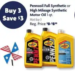 Family Dollar Pennzoil Full Synthetic or High Mileage Synthetic Motor Oil offer