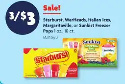 Family Dollar Starburst, WarHeads, Italian Ices, Margaritaville, or Sunkist Freezer Pops offer