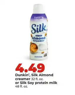 Hy-Vee Dunkin', Silk Almond creamer 32 fl. oz. or Silk Soy protein milk 48 fl. oz offer