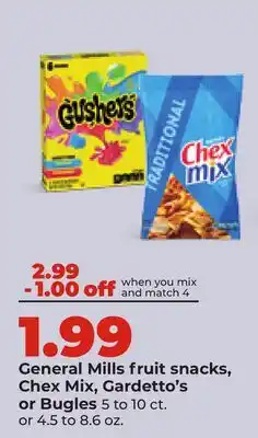 Hy-Vee General Mills fruit snacks, Chex Mix, Gardetto's or Bugles offer