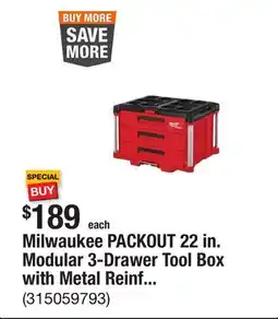 The Home Depot Milwaukee PACKOUT 22 in. Modular 3-Drawer Tool Box with Metal Reinforced Corners offer